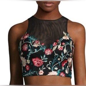 Embroidered  floral top black cropped sleeveless illusion bodice neckline